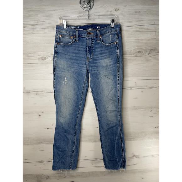 Vintage Slim Straight Jeans Womens 28 Blue Raw Hem Distressed Stretch BD358 - Picture 1 of 14